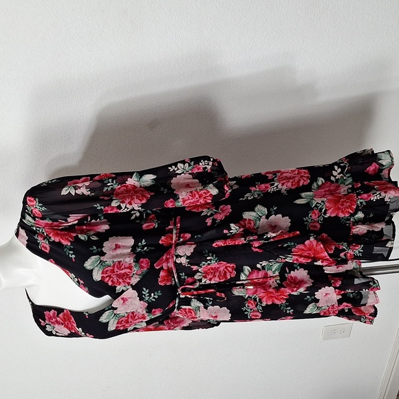 Floral NEW Black Red, Pink Wrap Ruffle Hem Flowy Boho Skater Dress Plus Size 3X - Picture 5 of 16